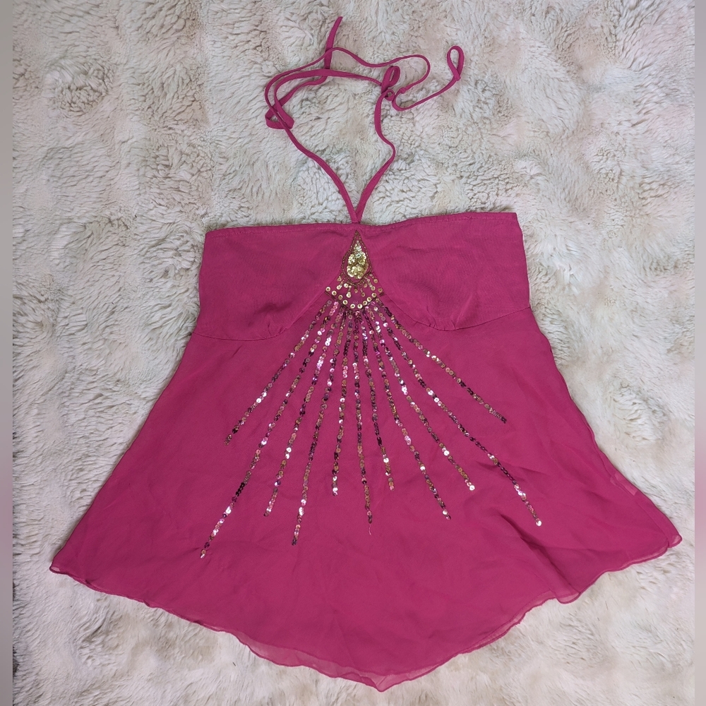 Y2K Sheer Sequin Babydoll Halter Top